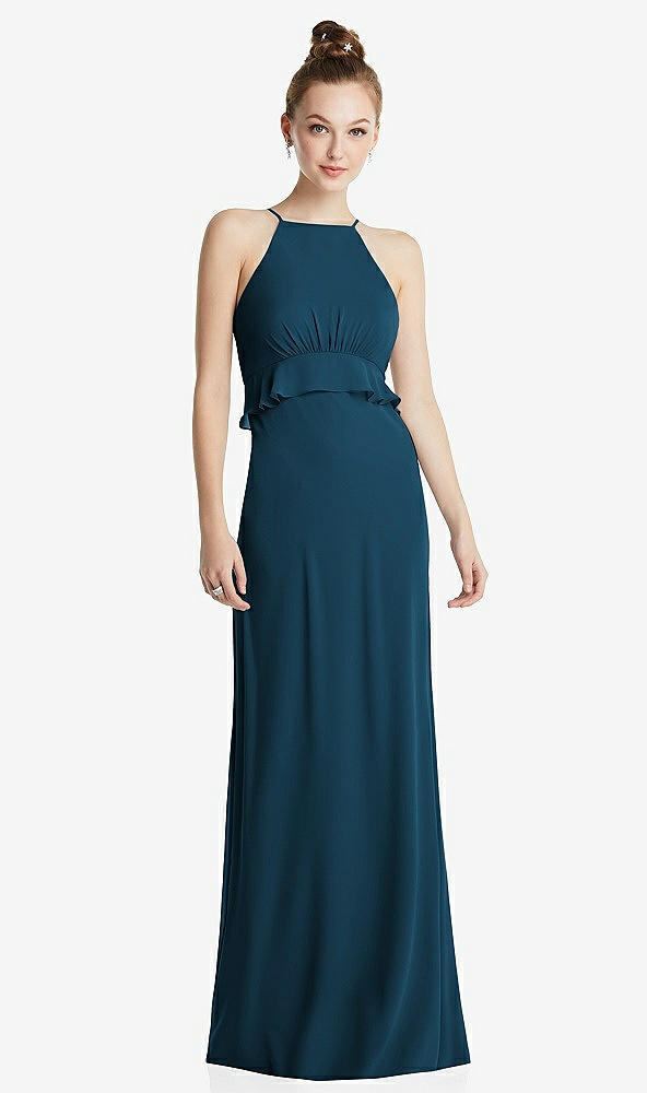 Front View - Atlantic Blue Bias Ruffle Empire Waist Halter Maxi Dress with Adjustable Straps