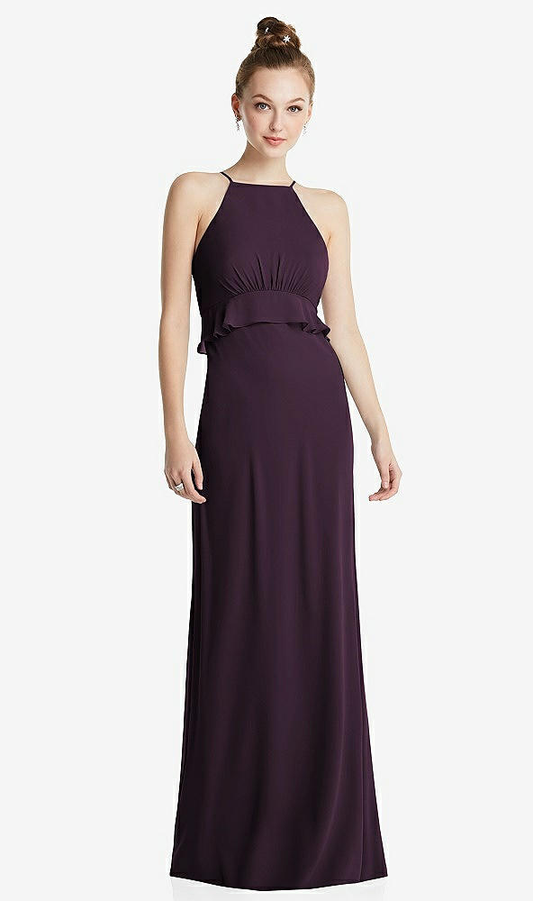 Front View - Aubergine Bias Ruffle Empire Waist Halter Maxi Dress with Adjustable Straps