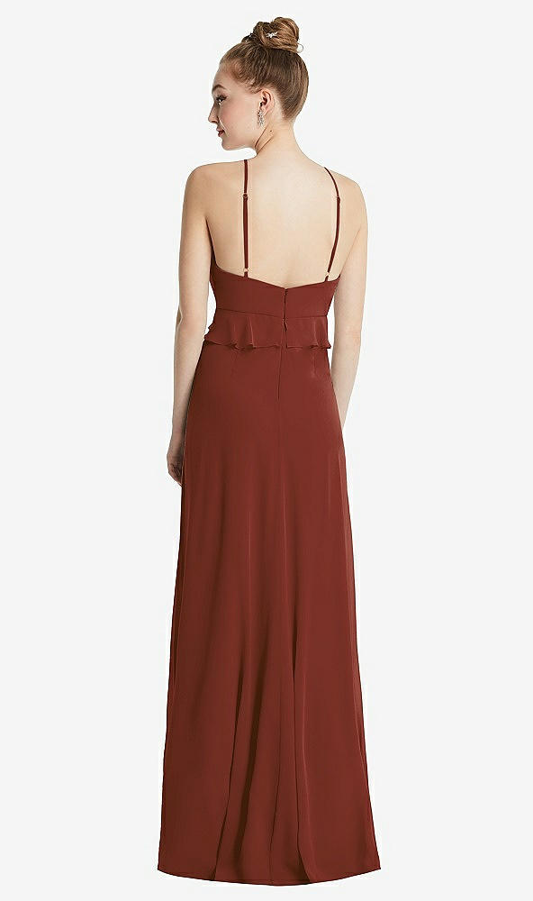 Back View - Auburn Moon Bias Ruffle Empire Waist Halter Maxi Dress with Adjustable Straps