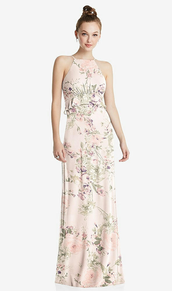 Front View - Blush Garden Bias Ruffle Empire Waist Halter Maxi Dress with Adjustable Straps