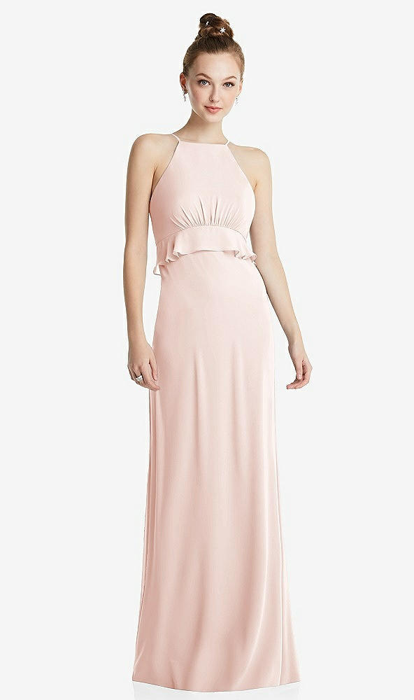 Front View - Blush Bias Ruffle Empire Waist Halter Maxi Dress with Adjustable Straps