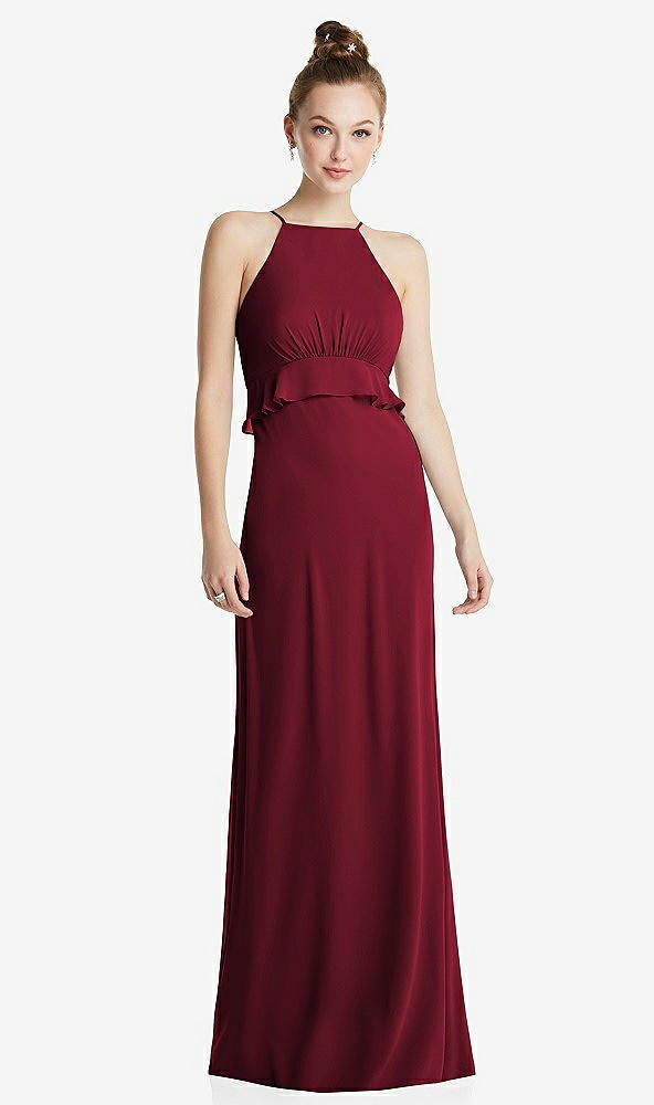 Front View - Burgundy Bias Ruffle Empire Waist Halter Maxi Dress with Adjustable Straps
