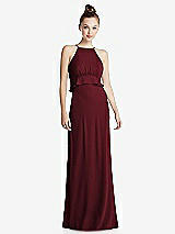 Front View Thumbnail - Cabernet Bias Ruffle Empire Waist Halter Maxi Dress with Adjustable Straps