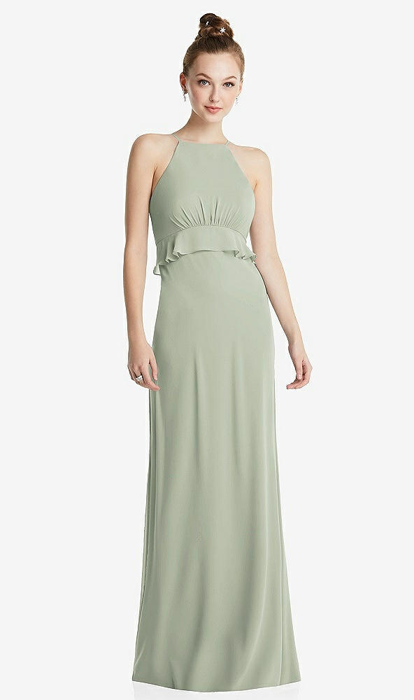 Front View - Celadon Bias Ruffle Empire Waist Halter Maxi Dress with Adjustable Straps