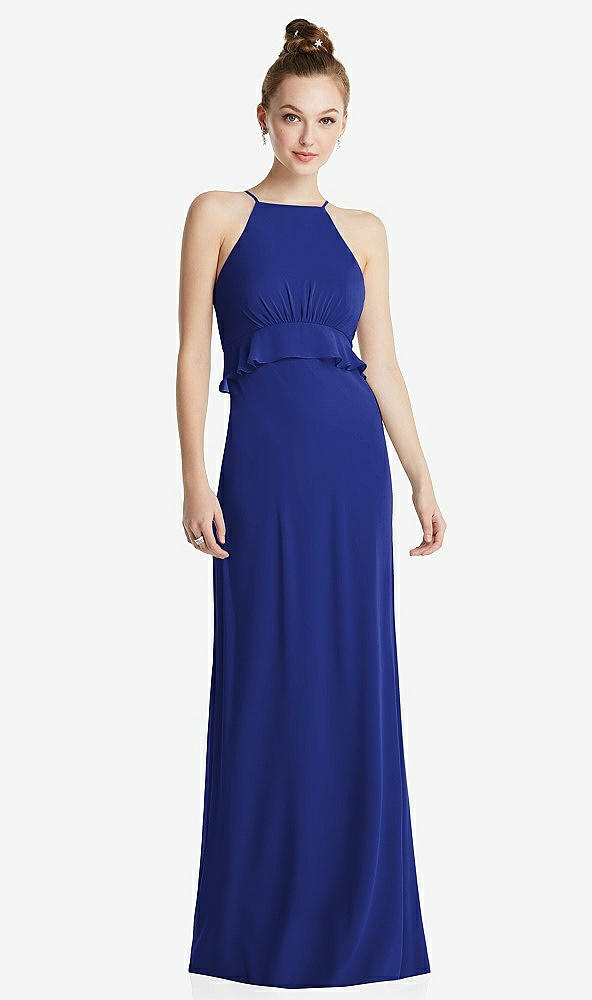 Front View - Cobalt Blue Bias Ruffle Empire Waist Halter Maxi Dress with Adjustable Straps