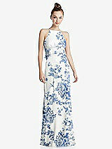 Front View Thumbnail - Cottage Rose Dusk Blue Bias Ruffle Empire Waist Halter Maxi Dress with Adjustable Straps