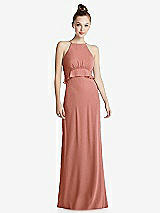 Front View Thumbnail - Desert Rose Bias Ruffle Empire Waist Halter Maxi Dress with Adjustable Straps