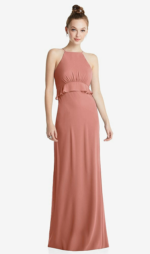 Front View - Desert Rose Bias Ruffle Empire Waist Halter Maxi Dress with Adjustable Straps