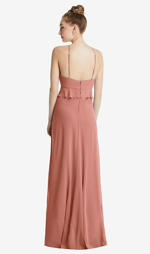 Back View - Desert Rose Bias Ruffle Empire Waist Halter Maxi Dress with Adjustable Straps