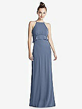 Front View Thumbnail - Larkspur Blue Bias Ruffle Empire Waist Halter Maxi Dress with Adjustable Straps