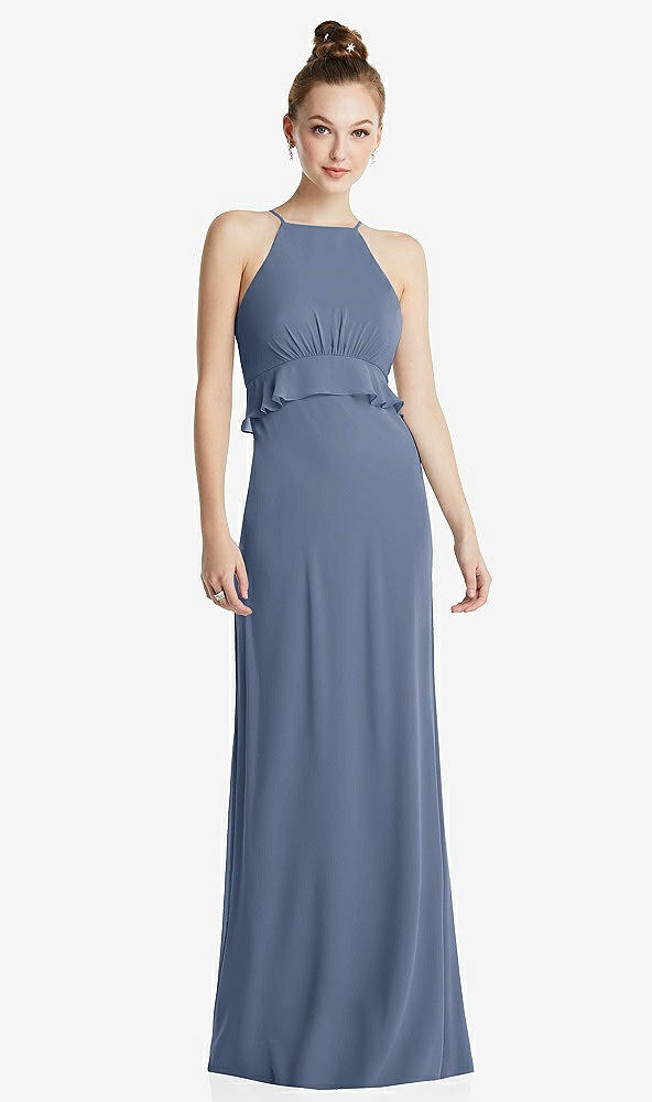 Front View - Larkspur Blue Bias Ruffle Empire Waist Halter Maxi Dress with Adjustable Straps