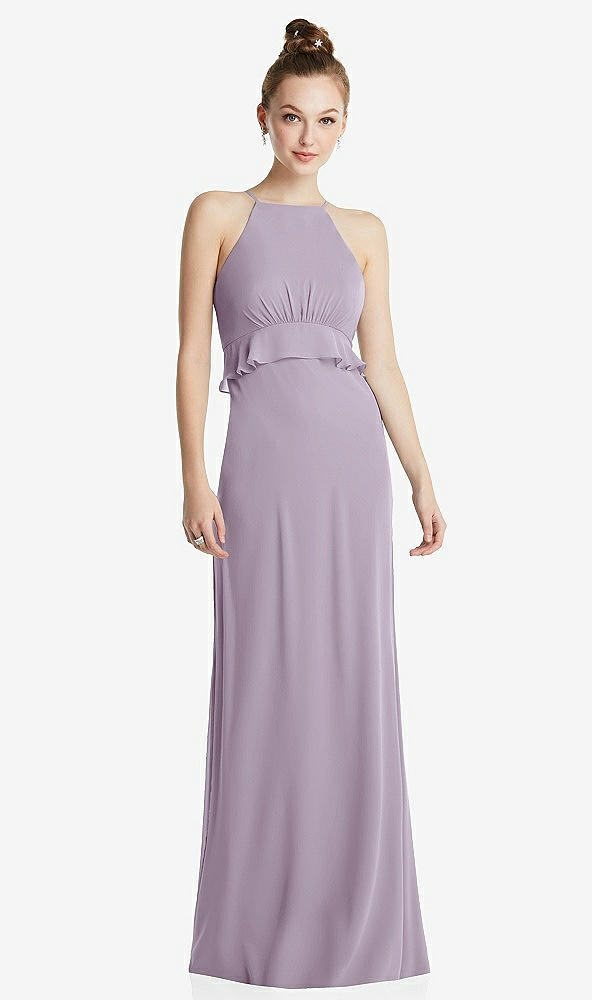 Front View - Lilac Haze Bias Ruffle Empire Waist Halter Maxi Dress with Adjustable Straps