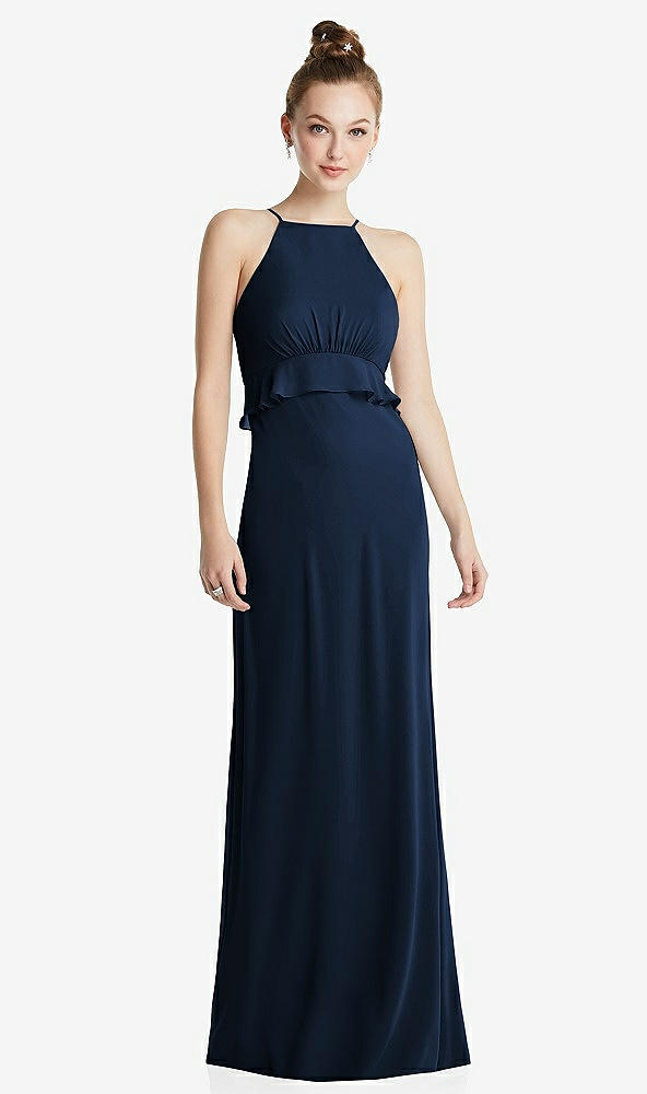 Front View - Midnight Navy Bias Ruffle Empire Waist Halter Maxi Dress with Adjustable Straps
