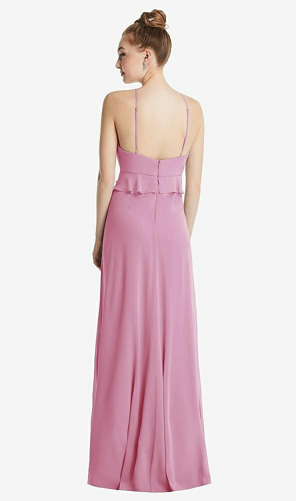 Back View - Powder Pink Bias Ruffle Empire Waist Halter Maxi Dress with Adjustable Straps