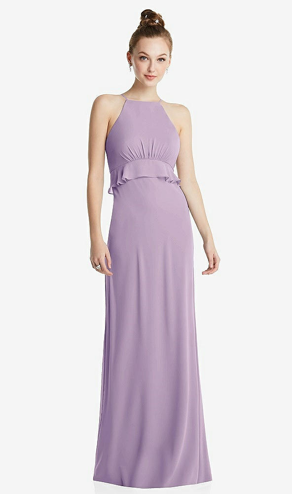 Front View - Pale Purple Bias Ruffle Empire Waist Halter Maxi Dress with Adjustable Straps