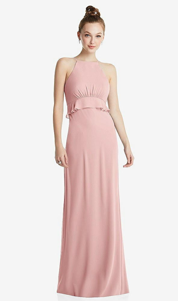 Front View - Rose Bias Ruffle Empire Waist Halter Maxi Dress with Adjustable Straps