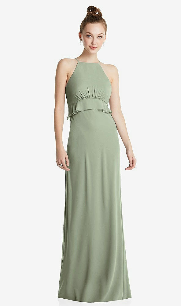 Front View - Sage Bias Ruffle Empire Waist Halter Maxi Dress with Adjustable Straps