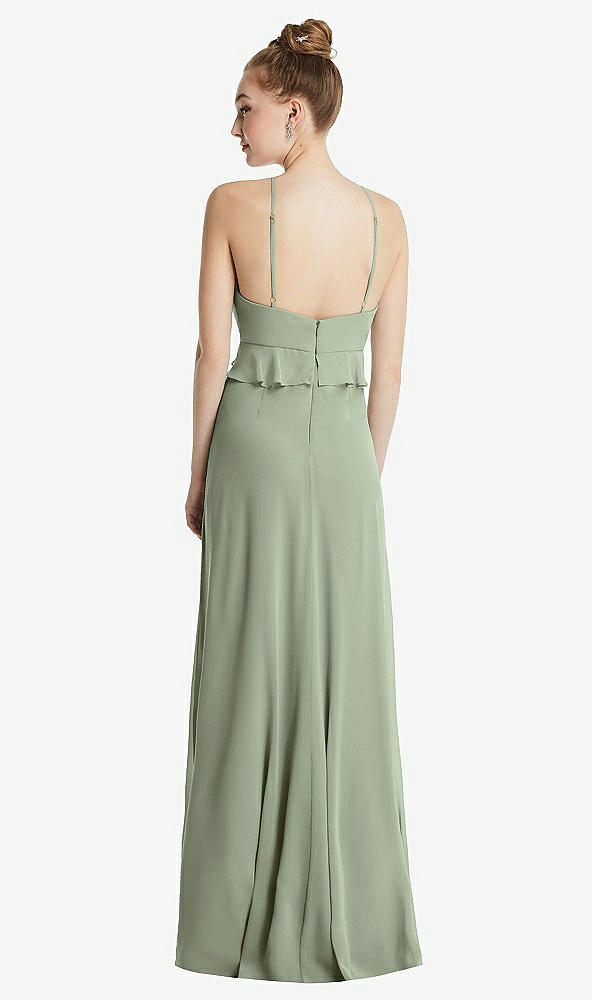 Back View - Sage Bias Ruffle Empire Waist Halter Maxi Dress with Adjustable Straps