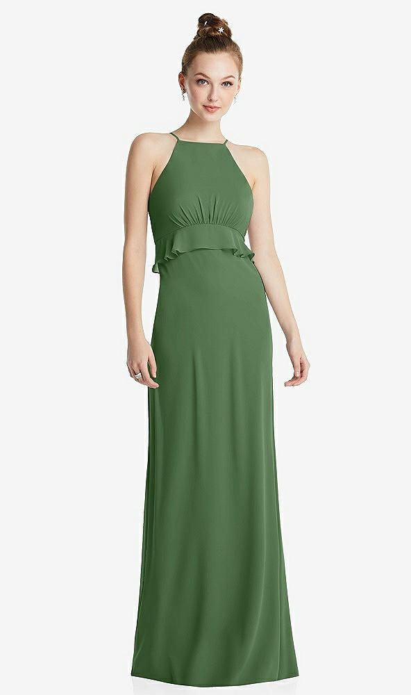 Front View - Vineyard Green Bias Ruffle Empire Waist Halter Maxi Dress with Adjustable Straps