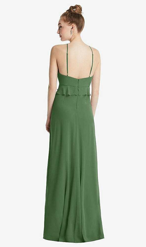 Back View - Vineyard Green Bias Ruffle Empire Waist Halter Maxi Dress with Adjustable Straps