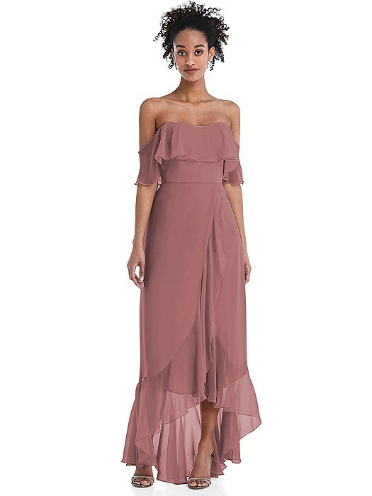 Off-the-Shoulder Ruffled High Low Maxi Dress