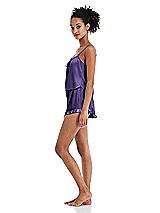 Side View Thumbnail - Regalia - PANTONE Ultra Violet Satin Ruffle-Trimmed Lounge Shorts with Pockets - Cali