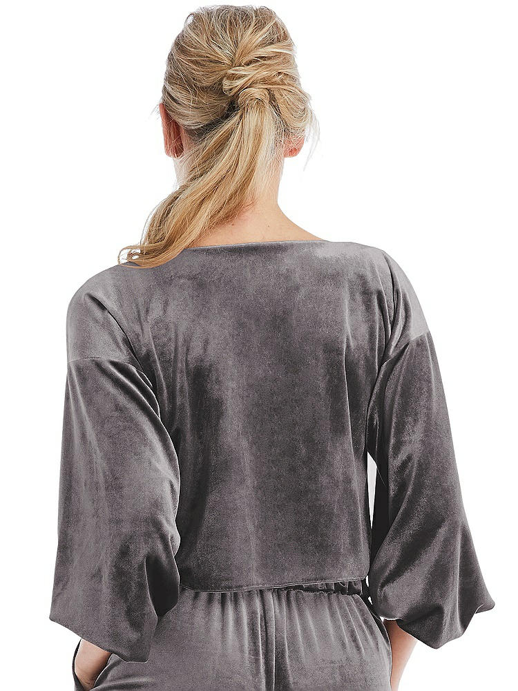 Back View - Caviar Gray Tie-Front Velvet Puff Sleeve Top - Poppy