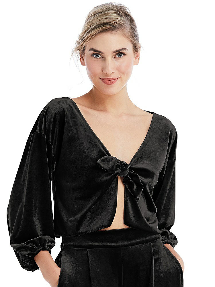 Front View - Black Tie-Front Velvet Puff Sleeve Top - Poppy