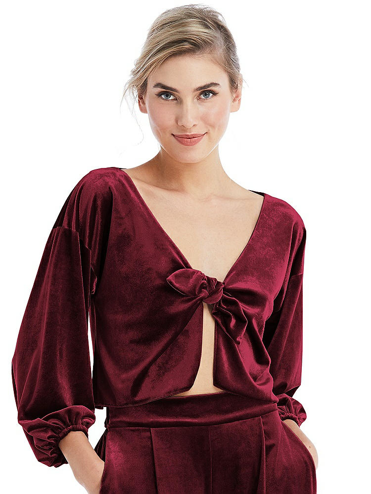 Front View - Cabernet Tie-Front Velvet Puff Sleeve Top - Poppy