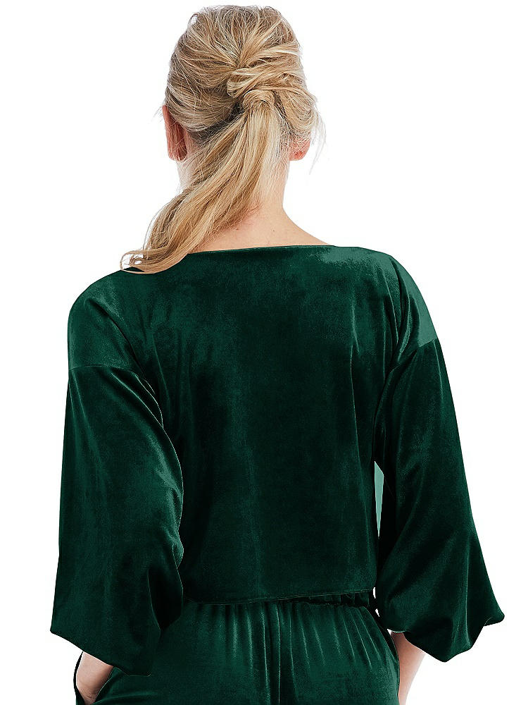 Back View - Evergreen Tie-Front Velvet Puff Sleeve Top - Poppy