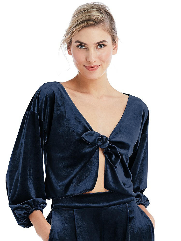 Front View - Midnight Navy Tie-Front Velvet Puff Sleeve Top - Poppy