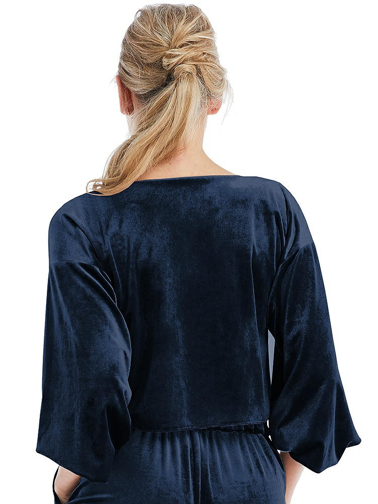 Back View - Midnight Navy Tie-Front Velvet Puff Sleeve Top - Poppy