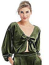 Front View Thumbnail - Olive Green Tie-Front Velvet Puff Sleeve Top - Poppy