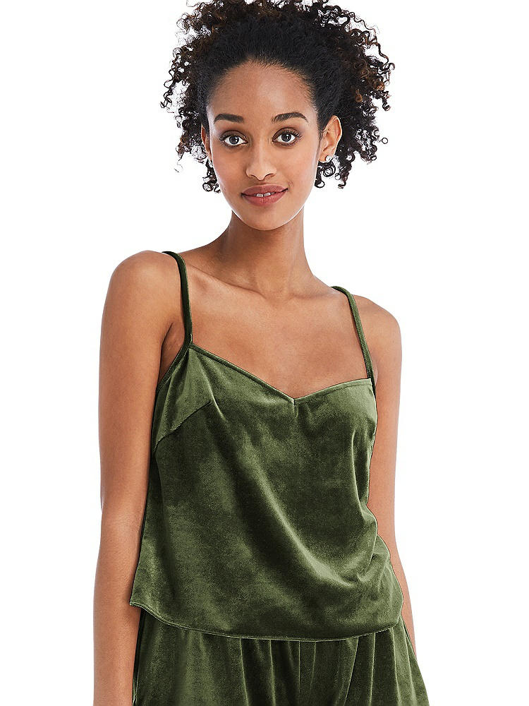 Front View - Olive Green Split Back Slim Strap Velvet Cami - Sari