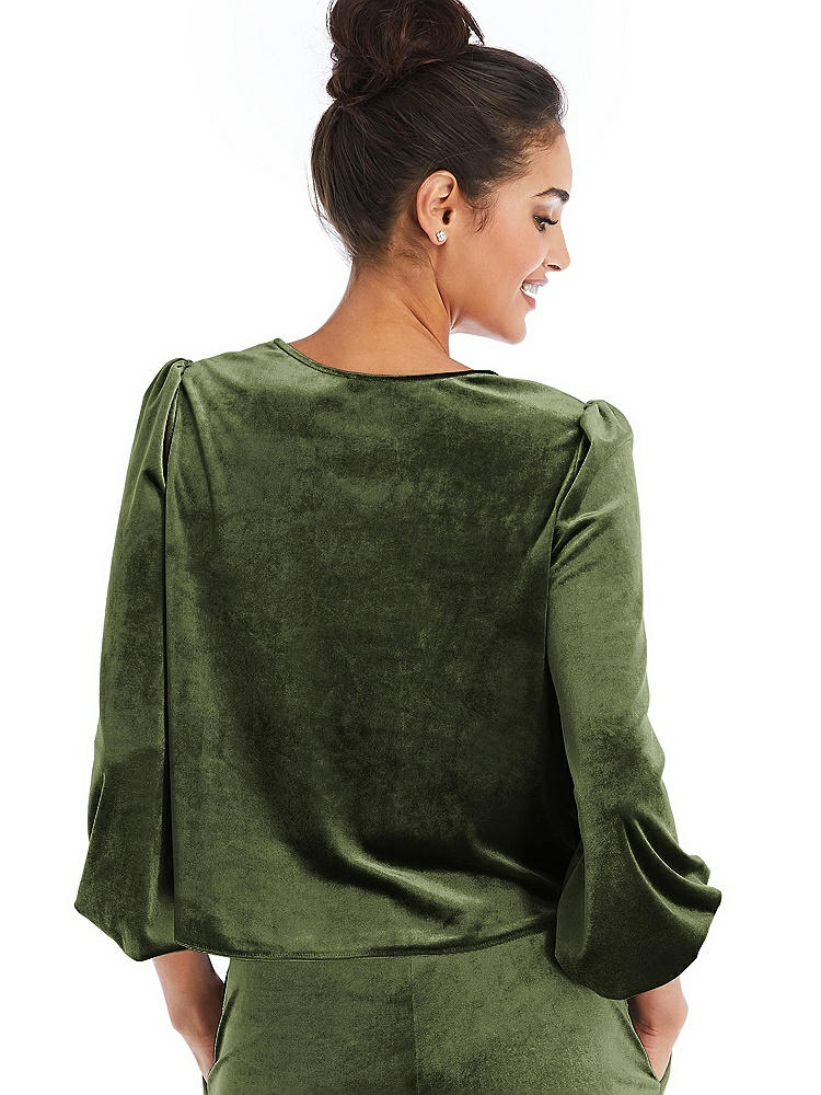 Back View - Olive Green Velvet Pullover Puff Sleeve Top - Rue