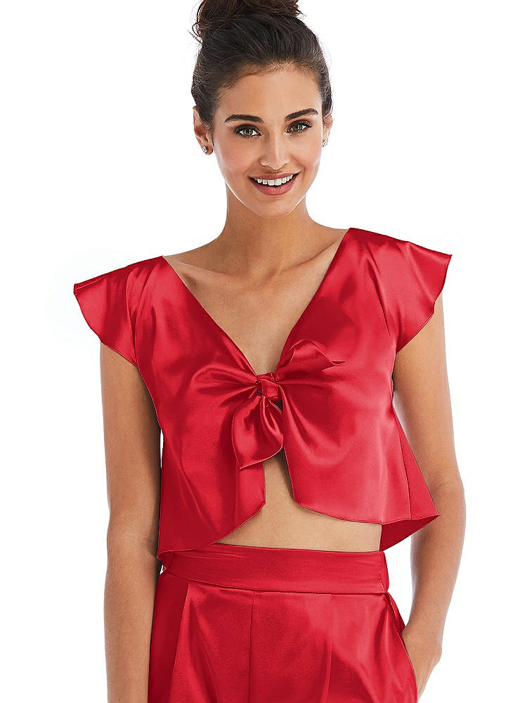 Front View - Parisian Red Satin Tie-Front Lounge Crop Top - Frankie