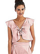 Front View Thumbnail - Rose Satin Tie-Front Lounge Crop Top - Frankie