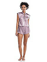 Alt View 1 Thumbnail - Suede Rose Satin Stand Collar Tie-Front Pullover Top - Remi