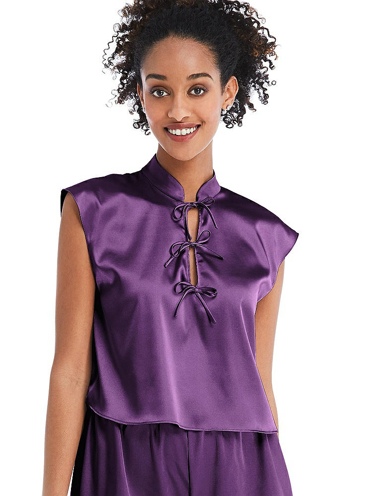 Front View - African Violet Satin Stand Collar Tie-Front Pullover Top - Remi