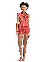 Alt View 1 Thumbnail - Perfect Coral Satin Stand Collar Tie-Front Pullover Top - Remi