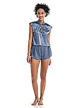 Alt View 1 Thumbnail - Larkspur Blue Satin Stand Collar Tie-Front Pullover Top - Remi