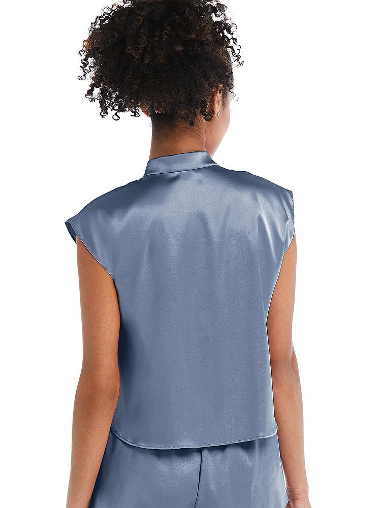 Back View - Larkspur Blue Satin Stand Collar Tie-Front Pullover Top - Remi