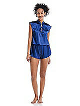 Alt View 1 Thumbnail - Sapphire Satin Stand Collar Tie-Front Pullover Top - Remi