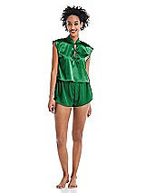 Alt View 1 Thumbnail - Shamrock Satin Stand Collar Tie-Front Pullover Top - Remi