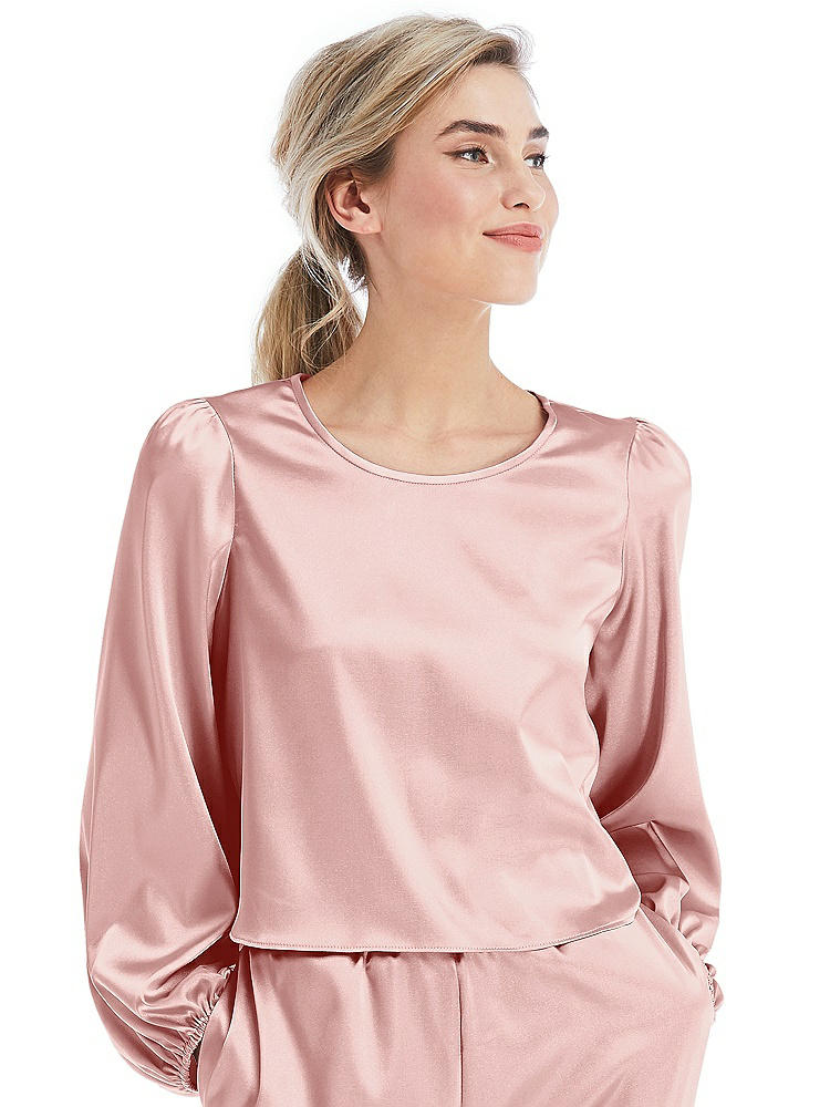 Front View - Rose Satin Pullover Puff Sleeve Top - Parker