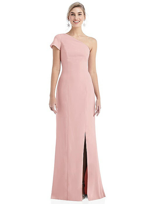 One-Shoulder Cap Sleeve Trumpet Gown with Front Slit