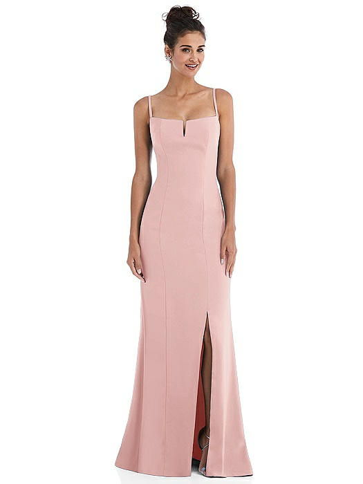 Notch Crepe Trumpet Gown with Front Slit