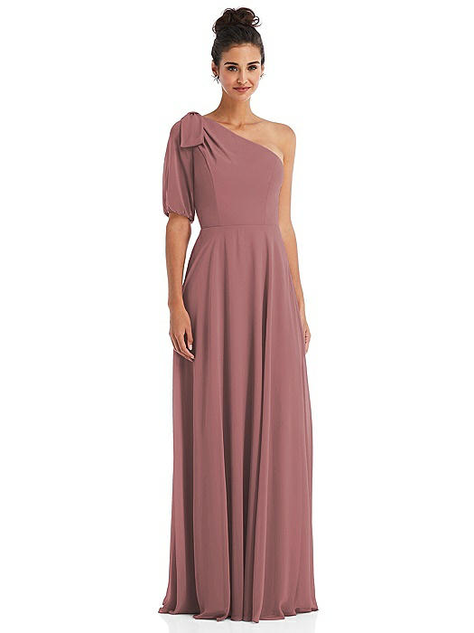 Bow One-Shoulder Flounce Sleeve Maxi Dress