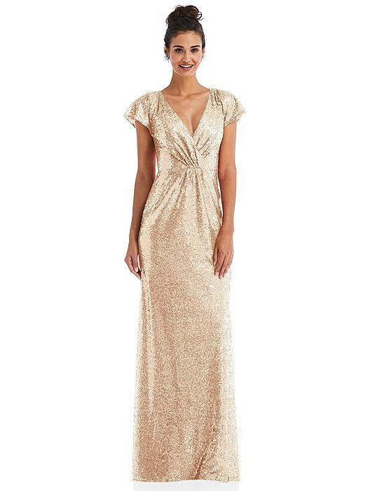 Cap Sleeve Wrap Bodice Sequin Maxi Dress