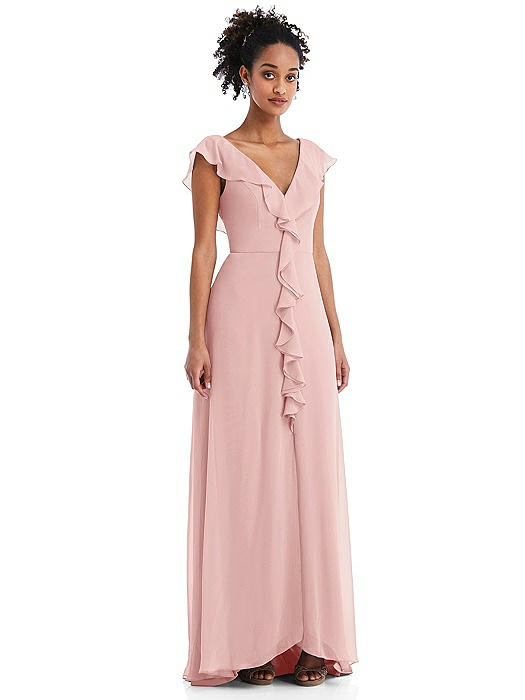 Ruffle-Trimmed V-Back Chiffon Maxi Dress